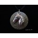 Necklace, pendant silver horse on round granite base
