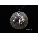 Necklace, pendant silver horse on round granite base