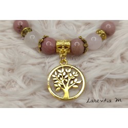 Bracelet perles Rhodonite et Quartz rose 8mm, arbre de vie - monté sur élastique