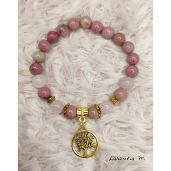 Bracelet perles Rhodonite et Quartz rose 8mm, arbre de vie - monté sur élastique