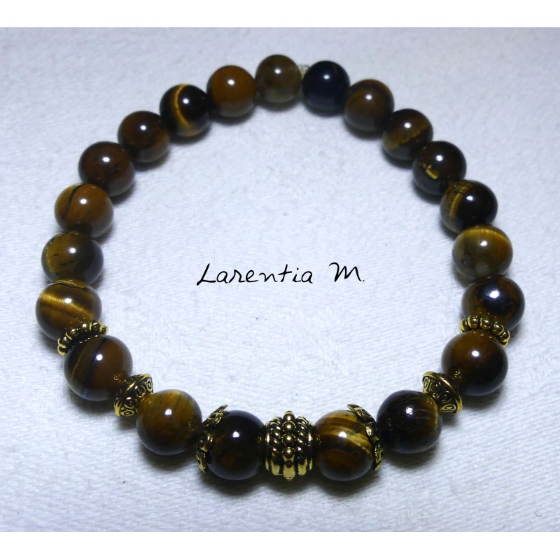 8mm Tiger's Eye stone bead bracelet and gold metal beads