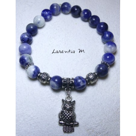 8mm Sodalite stone beads bracelet and silver metal owl beads 