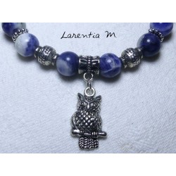 8mm Sodalite stone beads bracelet and silver metal owl beads 