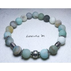 8mm Amazonite stone bead bracelet and silver metal beads - Elastic