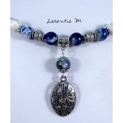 Plastic coated metal choker necklace, with Sodalite beads and silver metal filigree pendant