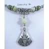 Plastic coated metal choker necklace, with jade beads with silver filigree pendant