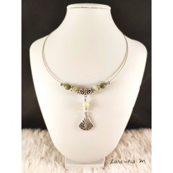 Plastic coated metal choker necklace, with jade beads with silver filigree pendant