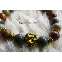 Bracelet perles Jaspe océan 8mm, Lion doré - Elastique