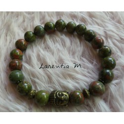 8mm Unakite beads bracelet, bronze buddha head - Elastic