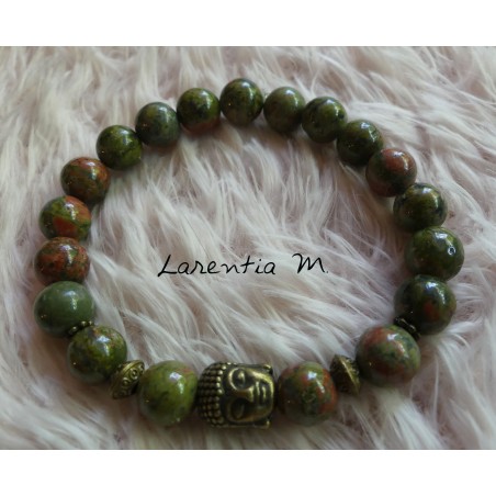 8mm Unakite beads bracelet, bronze buddha head - Elastic