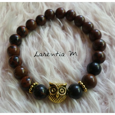 Mahogany Jasper Pearl Bracelet 8mm, Golden Owl - Elastic