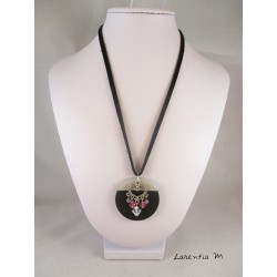 Pendant Necklace "Heart" with Swarovski pearls on circle concrete pad painted black