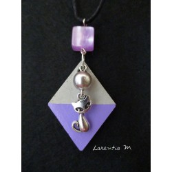 Pendant Necklace "Cat" with grey pearl on lozenge concrete pad painted purple