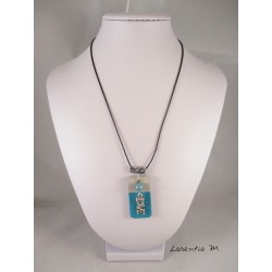 Pendant Necklace "Love" with blue pearl on rectangle concrete pad painted turquoise