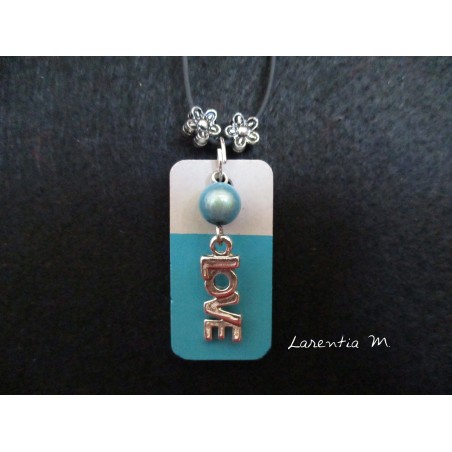 Pendant Necklace "Love" with blue pearl on rectangle concrete pad painted turquoise