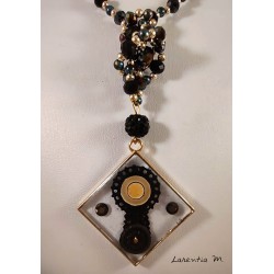 Black and gold Bohemian crystal bead long necklace, resin pendant