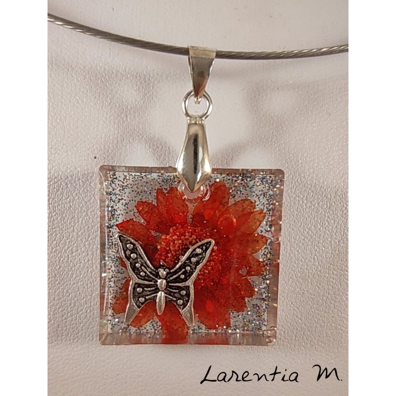  Red flower glitter resin pendant necklace, silver butterfly