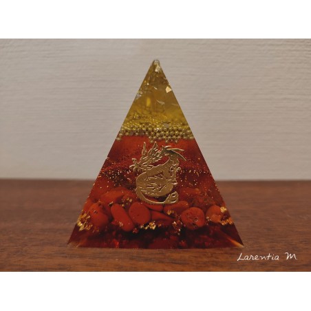 Orgonite - 3-sided pyramid, in resin, gold glass beads, brown glitter, natural Jasper stones