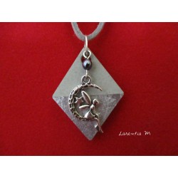 Pendant Necklace "Fairy" with little grey pearl on lozenge concrete pad decorated silver