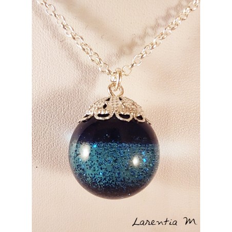   Blue glitter resin sphere pendant necklace, silver brass chain