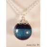   Blue glitter resin sphere pendant necklace, silver brass chain