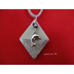 Pendant Necklace "Dolphin" with little grey pearl on lozenge concrete pad decorated silver