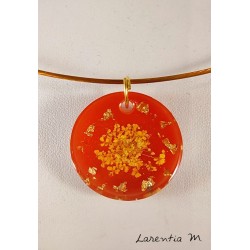 Orange resin pendant necklace, yellow dried flower, rigid golden choker