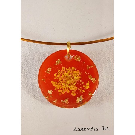 Orange resin pendant necklace, yellow dried flower, rigid golden choker