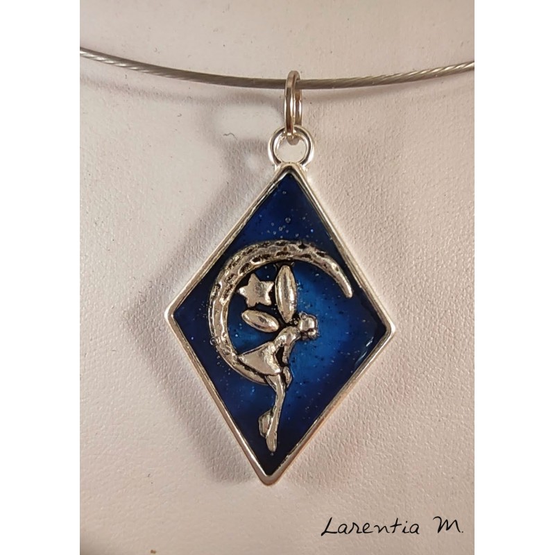  Blue resin pendant necklace, fairy on silver moon