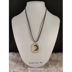 Silver pendant necklace with silver Moon glitter resin inclusion, gray suede cord