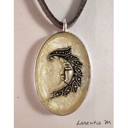 Silver pendant necklace with silver Moon glitter resin inclusion, gray suede cord