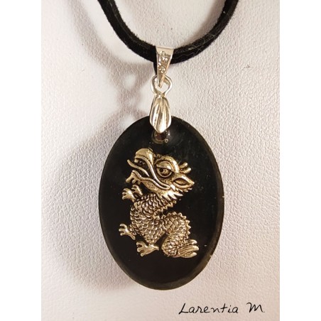  Black resin pendant necklace, silver dragon, black suede cord