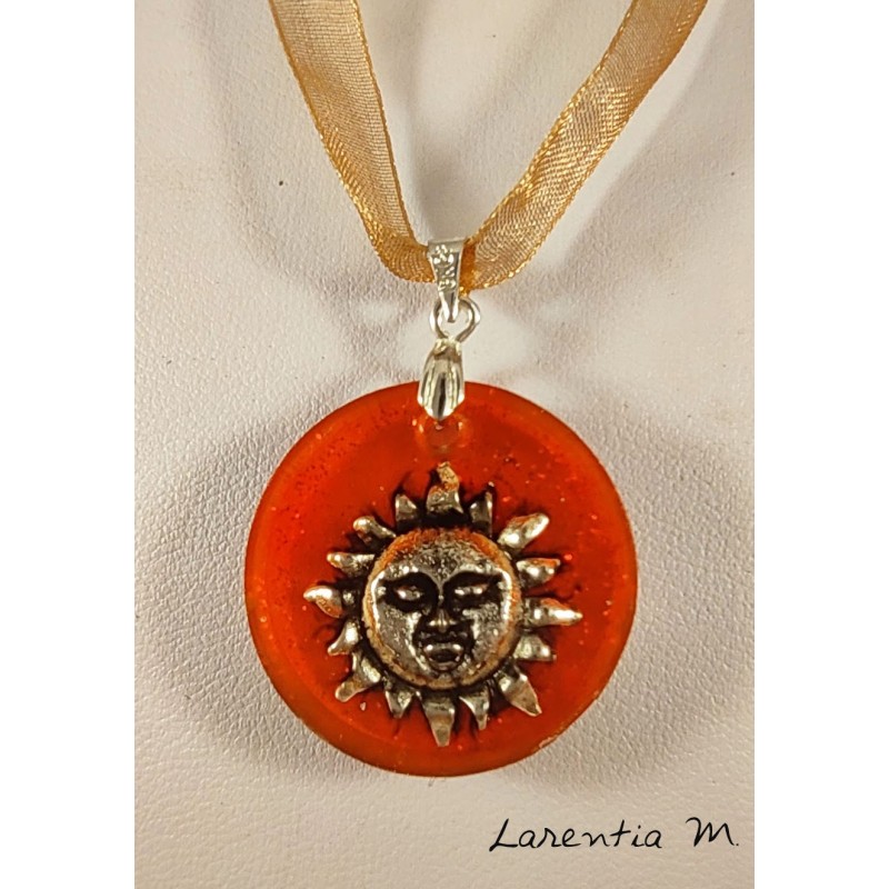 Orange resin pendant necklace, silver sun, organza ribbon with clasp