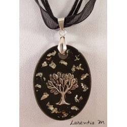 Black resin pendant necklace with silver tree of life