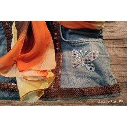 Denim bag, brown glitter ribbon, yellow-orange scarf, rhinestone butterfly