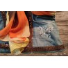 Denim bag, brown glitter ribbon, yellow-orange scarf, rhinestone butterfly