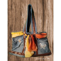 Denim bag, brown glitter ribbon, yellow-orange scarf, rhinestone butterfly