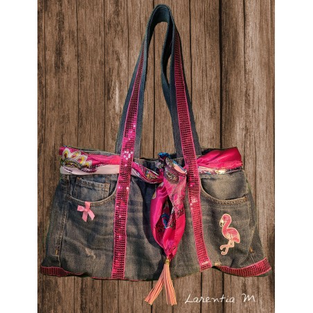 sequined denim purse and fuchsia scarf