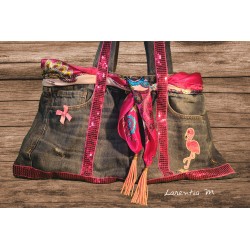 sequined denim purse and fuchsia scarf