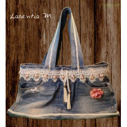 Handbag made from jeans, ribbon pompoms, 2 cords suede, flower fabric