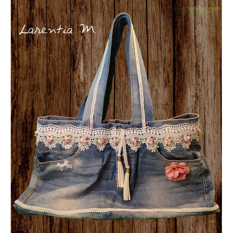 Handbag made from jeans, ribbon pompoms, 2 cords suede, flower fabric