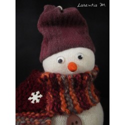 Snowman in sock filled with rice, hand knitted scarf, buttons