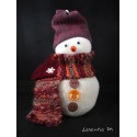 Snowman in sock filled with rice, hand knitted scarf, buttons, mobile eyes 16cm x 10cm