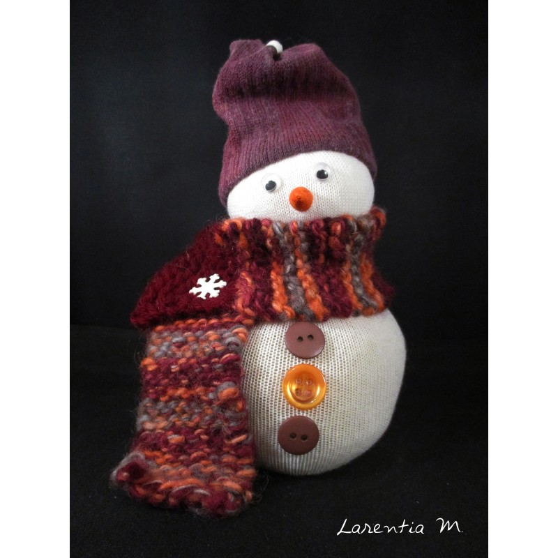 Snowman in sock filled with rice, hand knitted scarf, buttons