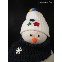 Snowman in sock filled with rice, hand knitted scarf, buttons