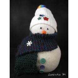 Snowman in sock filled with rice, hand knitted scarf, buttons