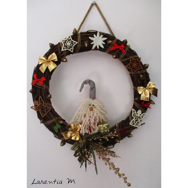  Christmas wreath made of branches, with handmade elf, felt decorations, knots 37cm