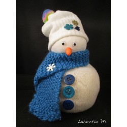 Snowman in sock filled with rice, blue hand knitted scarf, buttons