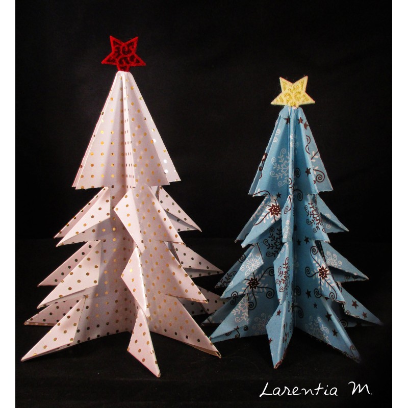 2 Christmas trees in scrapbooking paper, folding origami 14 and 12 cm with felt star