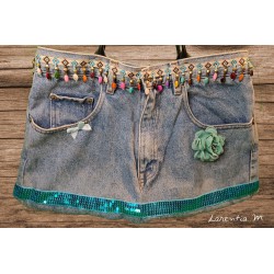 Denim bag with multicolored pearl ribbon, turquoise